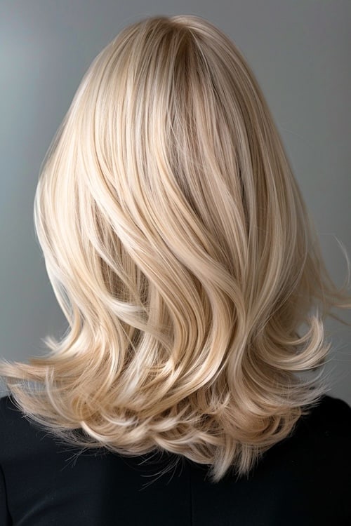 Long layers on platinum hair, from back.