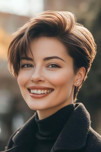 Long Pixie with Sweeping Side-Fringe Hairstyle on a smiling young woman with brown hair who is outdoors and is wearing a coat.