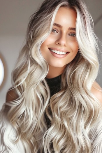 Long Platinum Waves Hair Color.