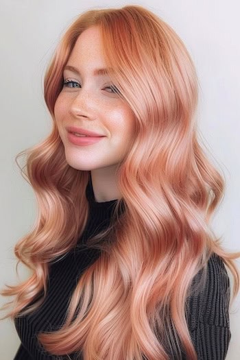 Long Rose Gold Waves Pink Hair Color Idea.