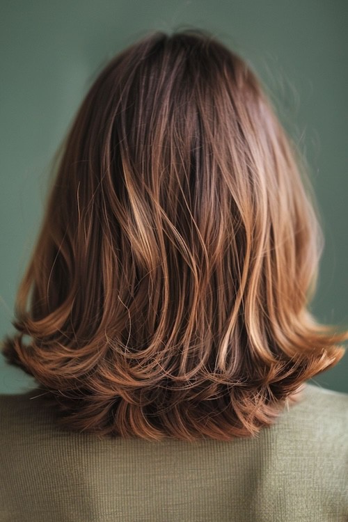 Long shoulder-length layers with copper balayage highlights.