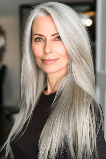 Long Straight Silver To Ash Hair Hairstyle on a smiling woman with blonde hair.