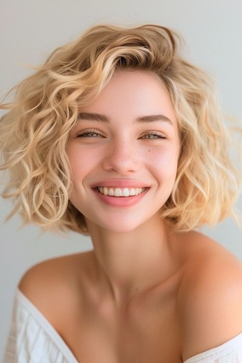 Loose Curly Bob with Deep Side Part Short Curly Hairstyle.