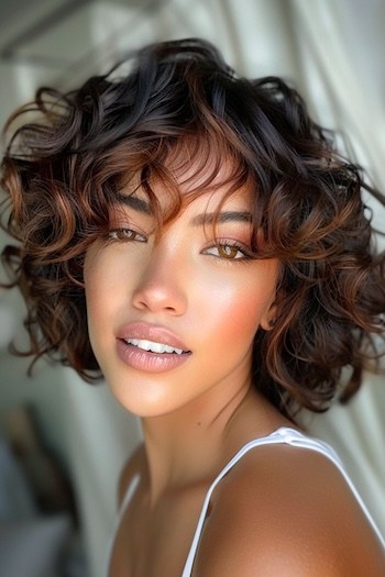 Loose Short Curls with Lowlights Short Curly Hairstyle.