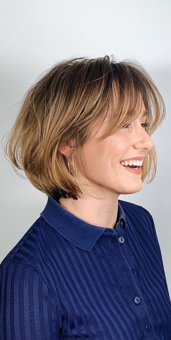 Low Maintenance Bronde Bob with Wispy Curtain Bangs