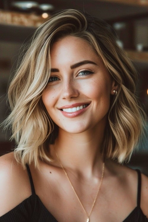 Medium-length layered lob haircut.