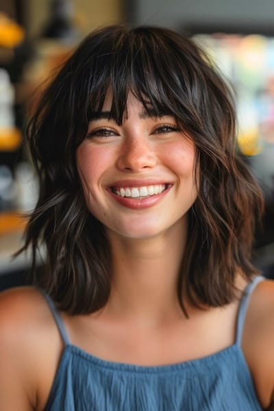 Medium-Length Shag Medium-Length Hairstyle with Bangs.