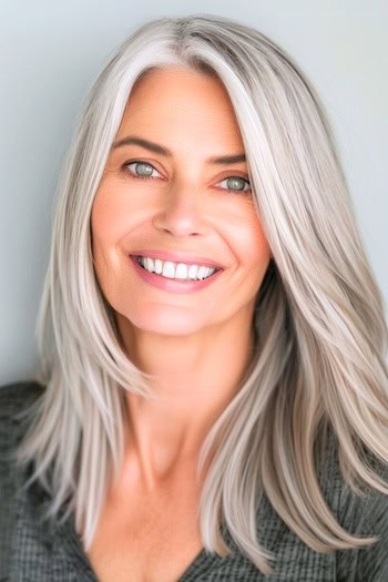 Medium-Length Silver Ash Blonde Haircut on a smiling woman with blonde hair.