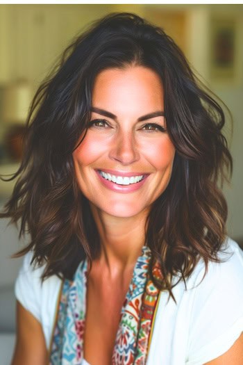 Medium-Length Wavy Layers Hairstyle on smiling woman with brown hair.