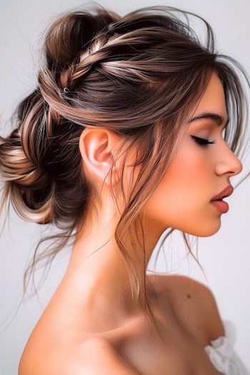 Messy Braided Bun Straight Hairstyle.