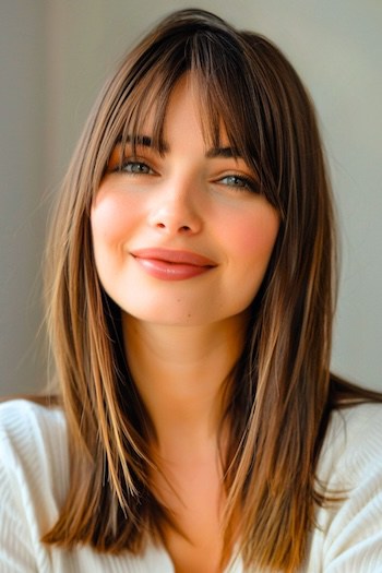 Mid-Length Cut with Bangs Straight Hairstyle.