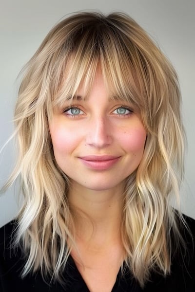 Mid-Length Shag Medium-Length Hairstyle with Bangs.