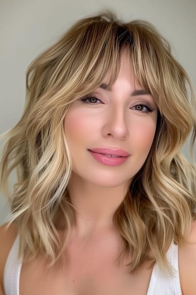 Mid-Length Waves with Curtain Bangs Medium-Length Hairstyle with Bangs.