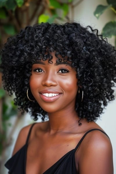 Natural Coils Medium-Length Hairstyle with Bangs.