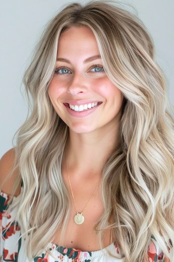 Oatmeal Ash Blonde Long Hair Hairstyle on a smiling woman with blonde hair.