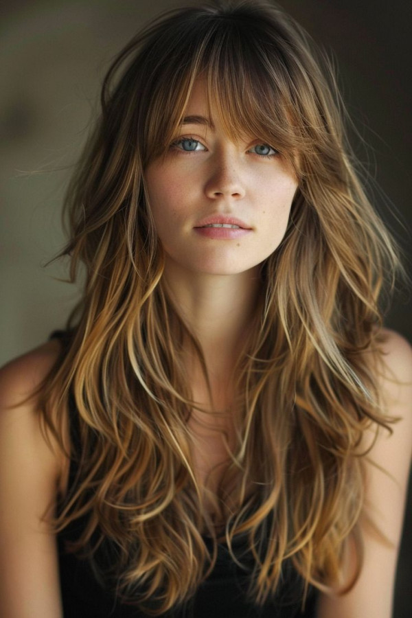 Ombre Caramel Long Layered Haircut with Fringe, long layered haircut with fringe