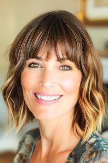 Ombre Long Bob With Bangs Hairstyle on a smiling woman with ombre brown to blonde hair.