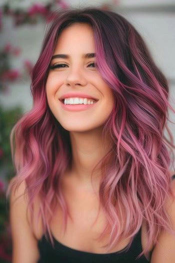 Ombre Magenta to Pink Waves Pink Hair Color Idea.