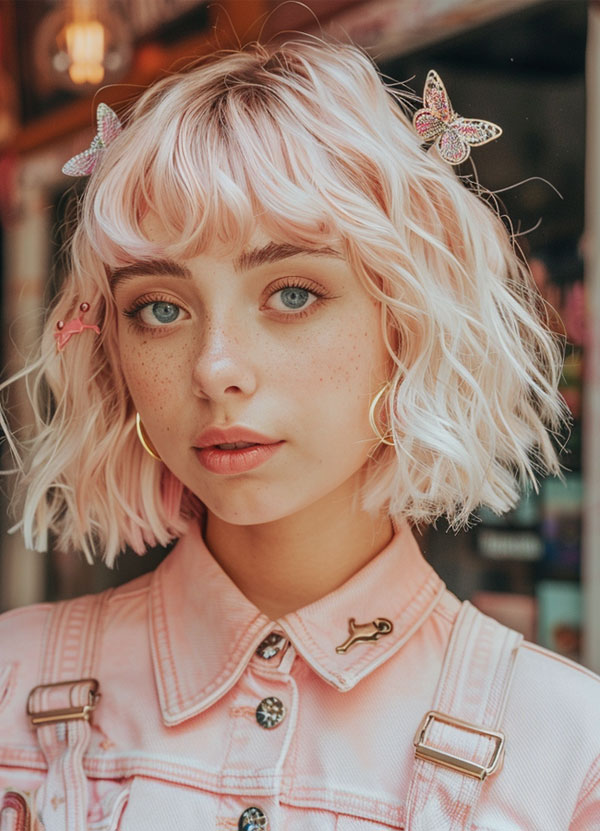 Pastel Tousled Waves with Blunt Bangs, medium-length hairstyle