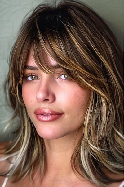 Piecey Highlights with Side-Swept Bangs Medium-Length Hairstyle with Bangs.