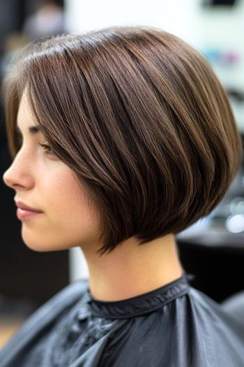 Piecey Layered Bob Haircut on a young woman with brown hair, side view.