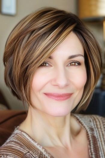 Piecey Tapered Cropped Bob Hairstyle on a smiling woman with brown hair and highlights.