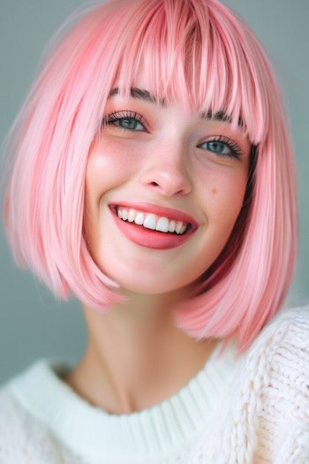 Pink Bob with Blunt Bangs Pink Hair Color Idea.