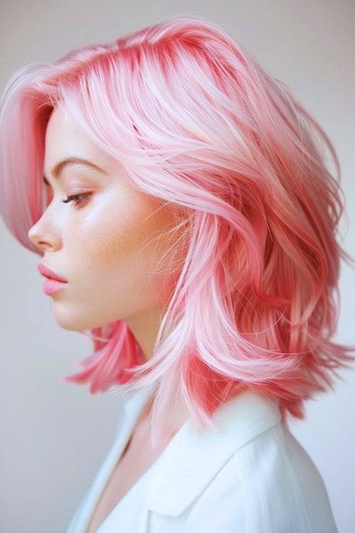 Pink layers on medium length hair, side view.