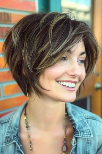 Pixie Bob with Balayage Highlights Short Layered Haircut.