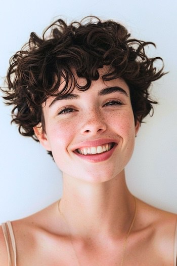 Pixie with Bangs Short Curly Hairstyle.