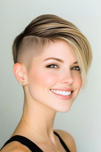 Pixie with Long Bangs and Shaved Side Hairstyle on a smiling woman with brown-blonde hair.