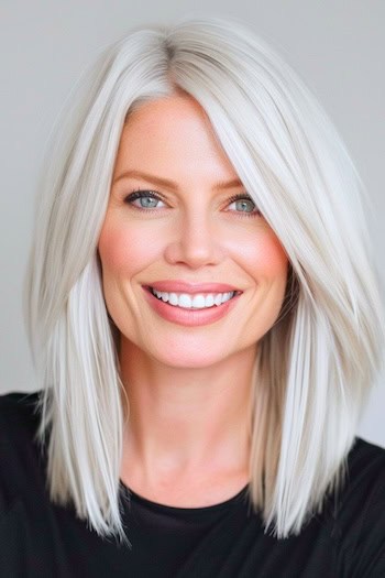 Platinum Ash Blonde Lob (Long Bob) Hairstyle on a smiling woman with straight blonde hair.