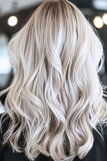 Platinum Ash Blonde Waves, from back, on a woman with long ash blonde hair.