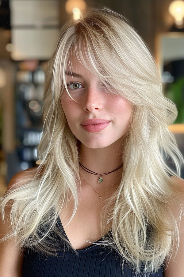 Platinum Blonde Layers with Side-Swept Bangs