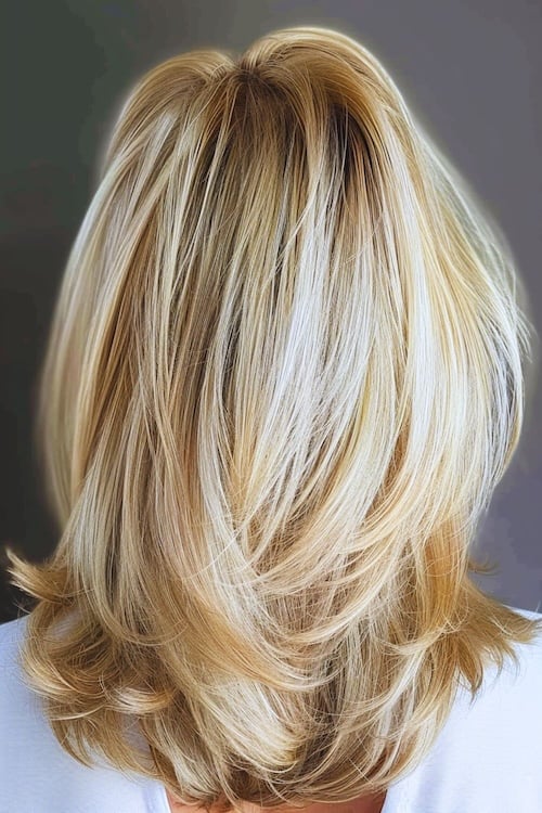 Platinum blonde voluminous layers medium-length haircut.