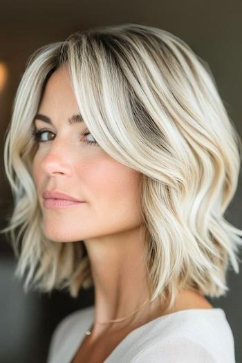 Platinum Choppy Long Bob Hairstyle on a woman with platinum blonde hair, side view.