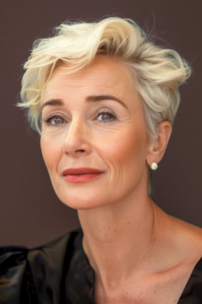 Platinum pixie with deep side part for women over 50.