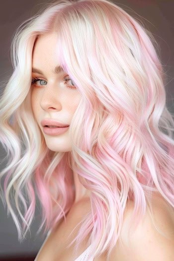 Platinum Waves with Pastel Pink Balayage Highlights Pink Hair Color Idea.