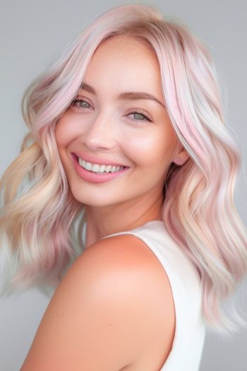 Platinum Waves with Pink Lowlights Pink Hair Color Idea.