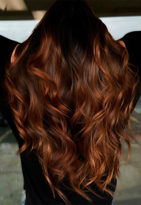 rich auburn hair color, Fall hair colors, Copper hair color, Fall hair colors brown, Fall hair colors for blondes, Autumn hair color highlights, Fall hair colors medium length, Fall hair colors for short hair, Dark fall hair colors, fall hair colors 2023 brunette, honey caramel hair color