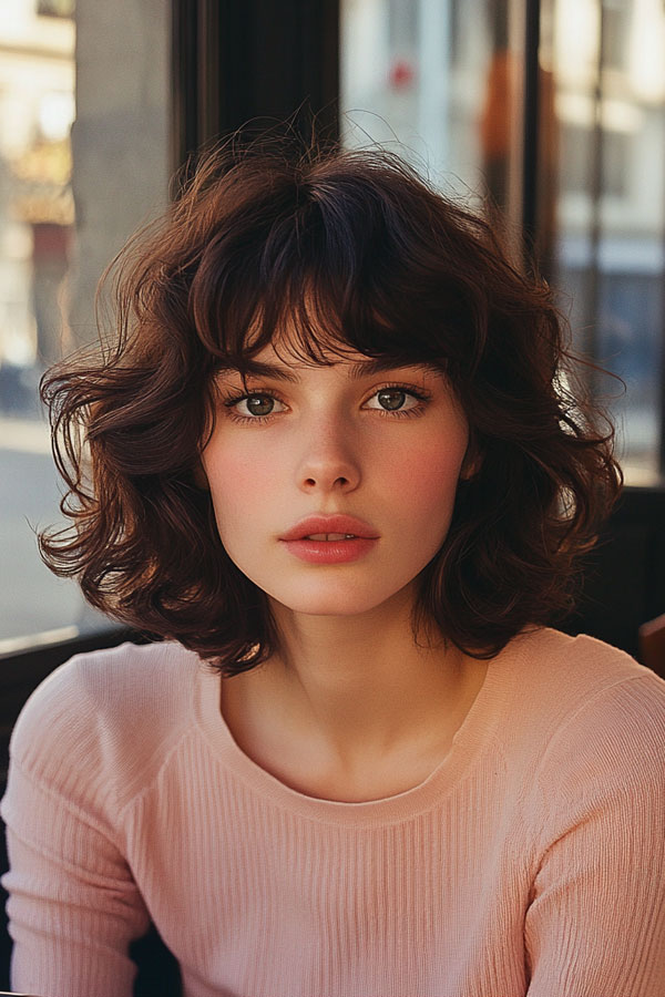 Rich Brown Curls French Bob, French Bob Haircut, Parisian hairstyle, Parisian bob haircut