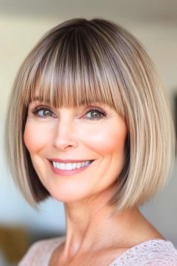 Rounded Blunt Bob with Full Bangs Haircut on a smiling woman with light brown hair.