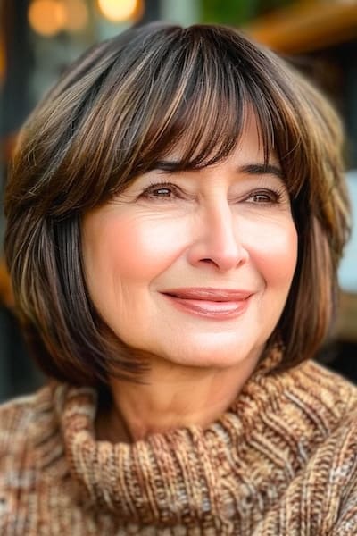 Rounded Bob with Full Bangs Hairstyle for Women Over 50.