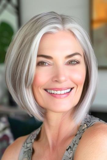 Rounded Bob with Subtle Layers Hairstyle on a smiling older woman with silver gray hair.