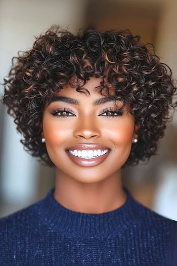 Rounded Curly Pixie with Bangs Hairstyle on a smiling young black woman with brown hair with subtle highlights.