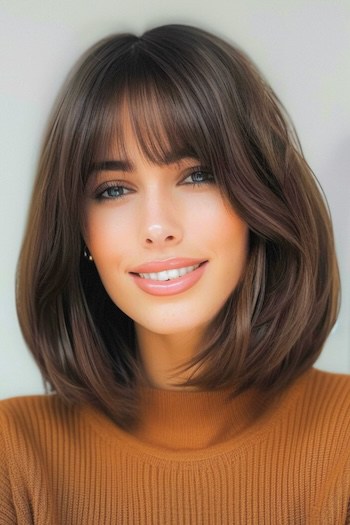 Rounded Lob with Bangs Haircut.