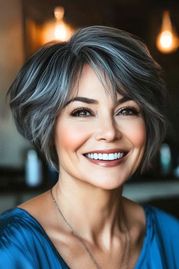 Salt-and-Pepper Pixie Bob with Bangs Hairstyle on a smiling woman with salt and pepper gray hair.