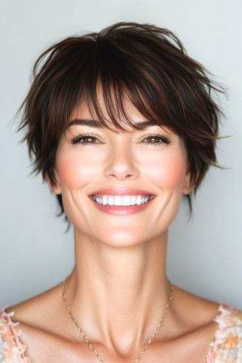 Shaggy Pixie with Bangs Hairstyle on a smiling woman with brown hair.