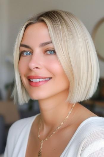 Short Blunt Bob Hairstyle on a smiling young woman with platinum blonde hair.