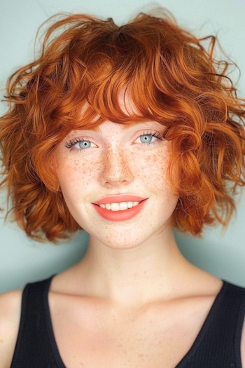 Short Curly Copper Shag with Bangs Short Curly Hairstyle.